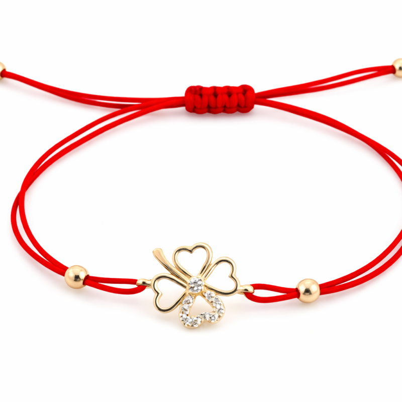 18K Red Cord Heart Clover Bracelet – Adjustable Gold Charm, 1.06 Grams