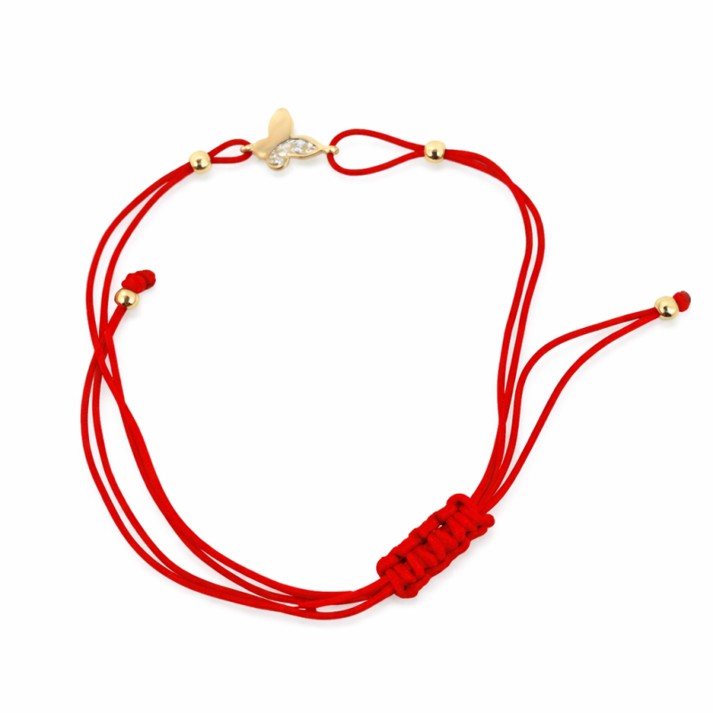 18K Red Adjustable String Bracelet with Gold Butterfly Accent, 0.77 Grams