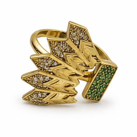 18K Gold Statement Ring – Chevron Layered Design with Green Accents (5.81g)