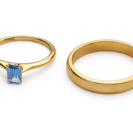 18K Gold Ring Set – Blue Stone Solitaire & Classic Band (6.09g)