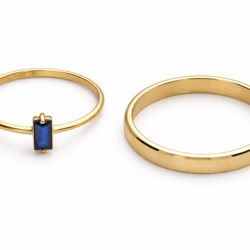 18K Gold Ring Set – Blue Stone Solitaire & Classic Band (3.67g)