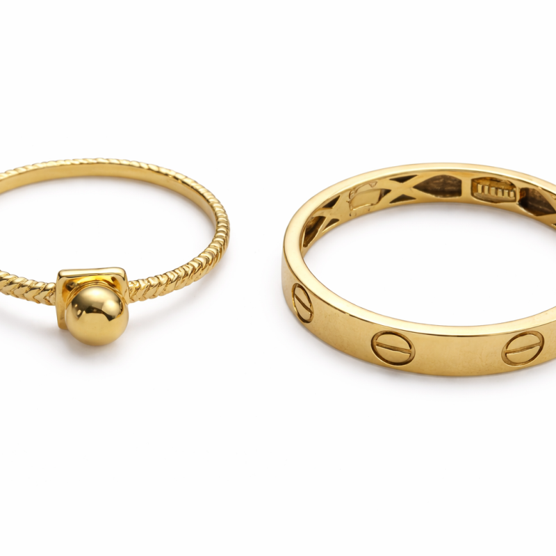 18K Gold Ring Set – Rope Bead Ring & Screw Detail Band (4.15g)