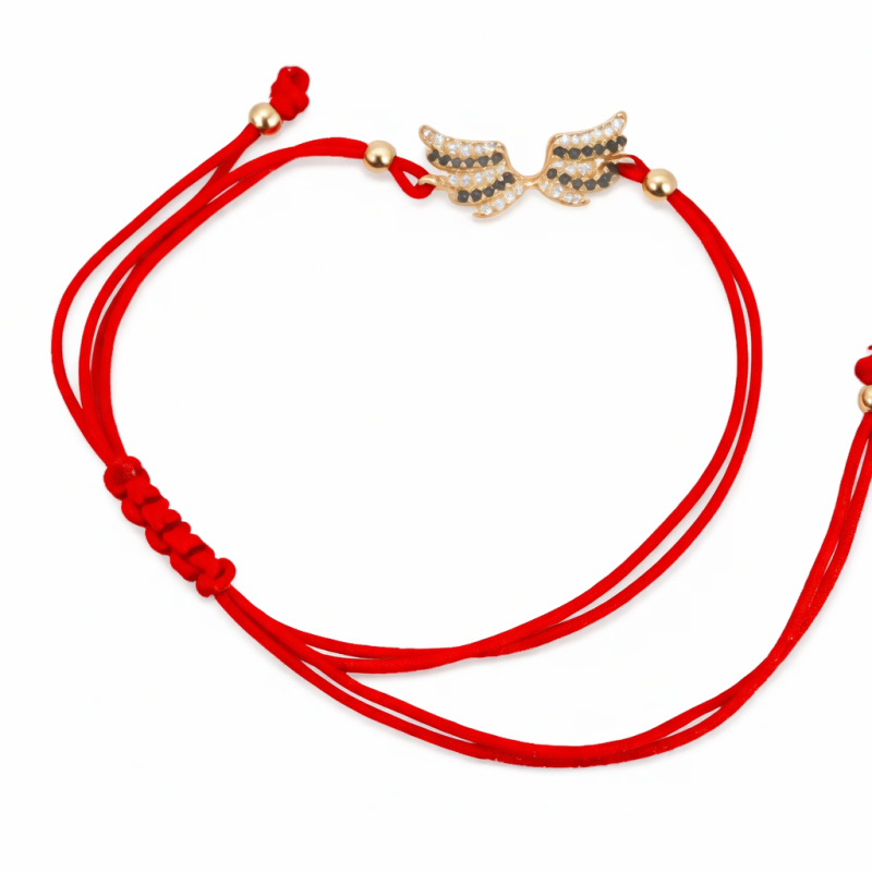 18K Red String Angel Wings Charm Bracelet – Gold Adjustable, 1.38 Grams