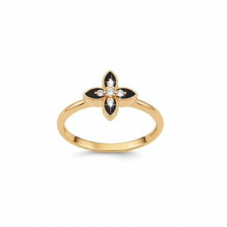 18K Gold Petite Floral Ring with Enamel Petals – Size 15 (1.85g)