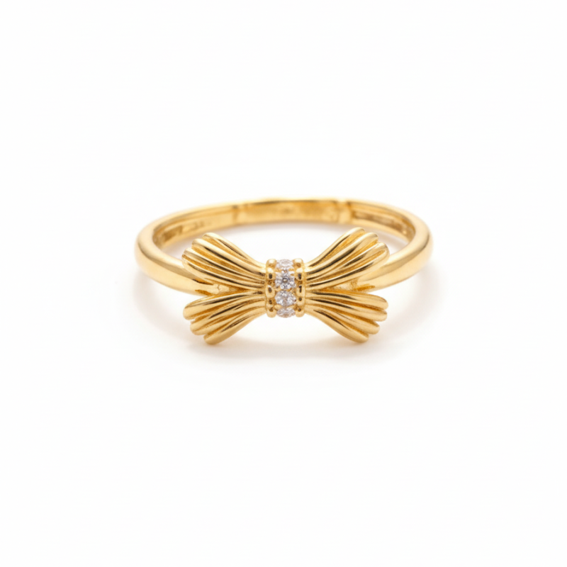 18K Gold Ribbon Bow Ring with Crystal Center – Size 17 (1.80g)