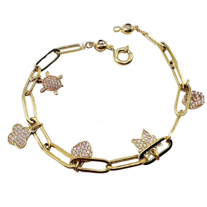 Kenzari Jewellery 14k Gold Link Chain with Zirconia Charms Bracelet for Women - 5.84 Grams