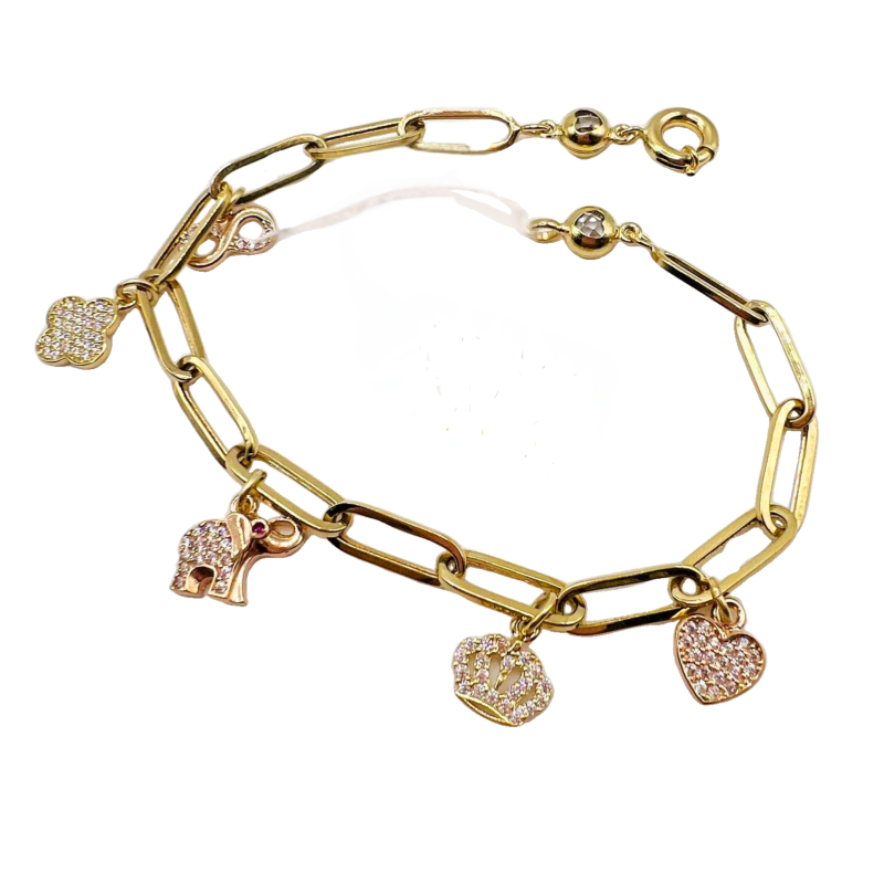 Kenzari Jewellery 14k Gold Link Chain with Zirconia Charms Bracelet for Women - 5.76 Grams