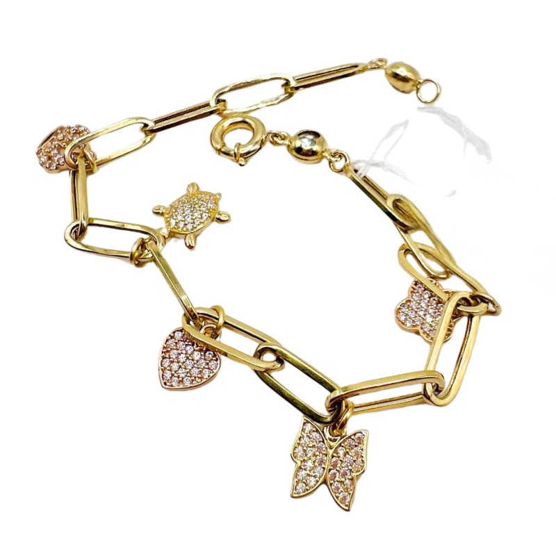 Kenzari Jewellery 14k Gold Link Chain with Zirconia Charms Bracelet for Women - 5.75 Grams