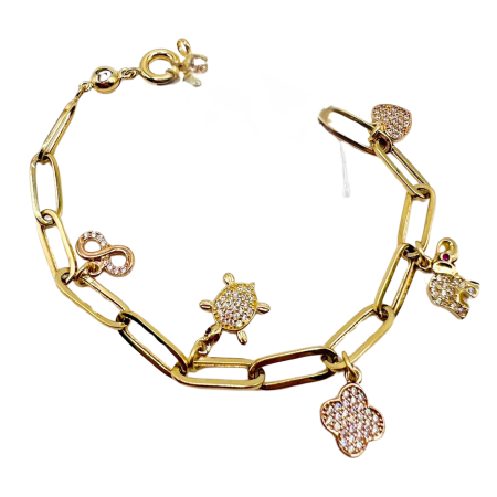 Kenzari Jewellery 14k Gold Link Chain with Zirconia Charms Bracelet for Women - 5.86 Grams