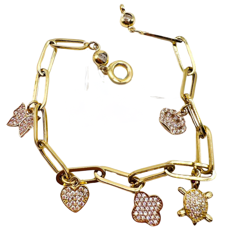 Kenzari Jewellery 14k Gold Link Chain with Zirconia Charms Bracelet for Women - 5.91 Grams