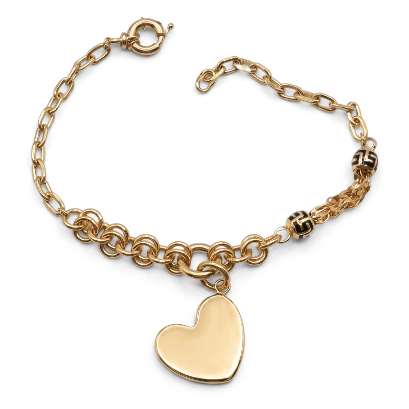 Vintage-Style Gold Heart Charm Bracelet with Greek Key Pattern Accent