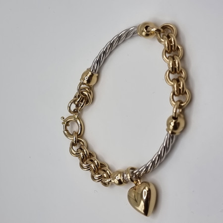 Kenzari Jewellery 14k Gold Two Tone Chain with Heart Charm Bracelet for Women - 6.71 Grams