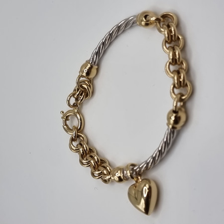 Kenzari Jewellery 14k Gold Two Tone Chain with Heart Charm Bracelet for Women - 6.71 Grams