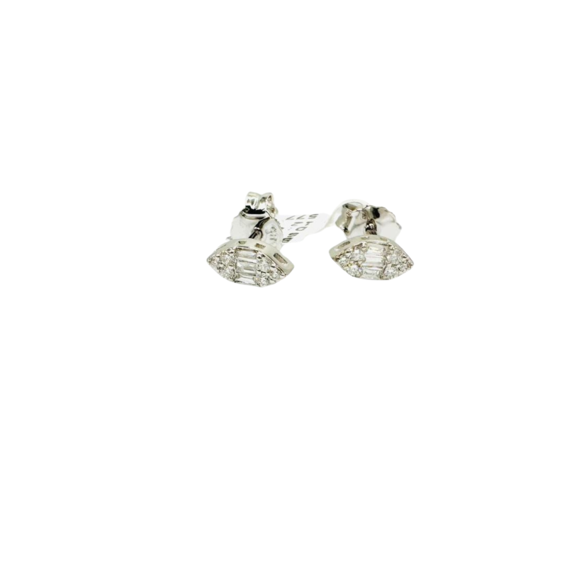 14K White Gold Baguette & Round Diamond Stud Earrings – 0.12 CT G SI