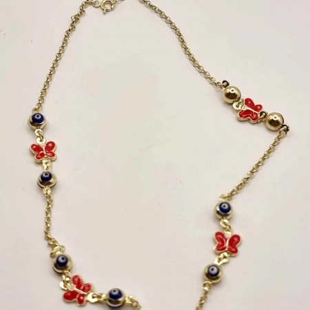 Kenzari Jewellery 14k Gold Evil eye and red butterfly charms Necklace for Kids - 6.07 Grams