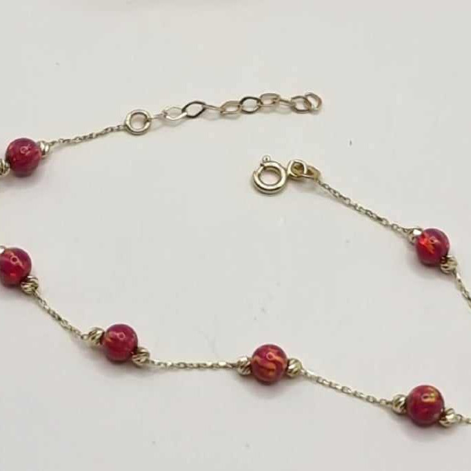Kenzari Jewellery 14k Gold Chain with Red Beads Bracelet for Women -1.68 Grams
