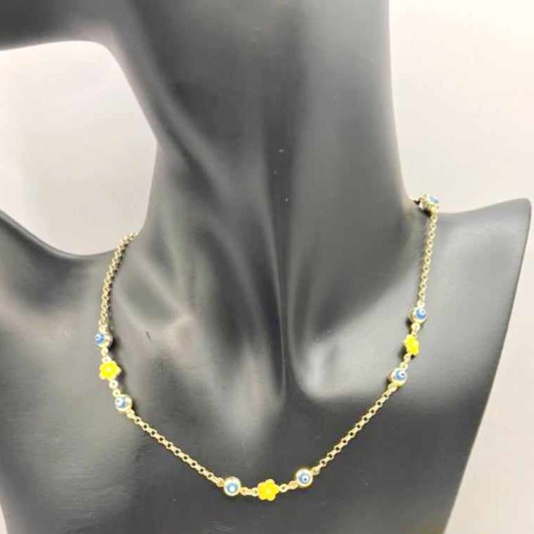 Kenzari Jewellery 14k Gold Evil Eye and Flower Charm Necklace for Kids - 5.81 Grams