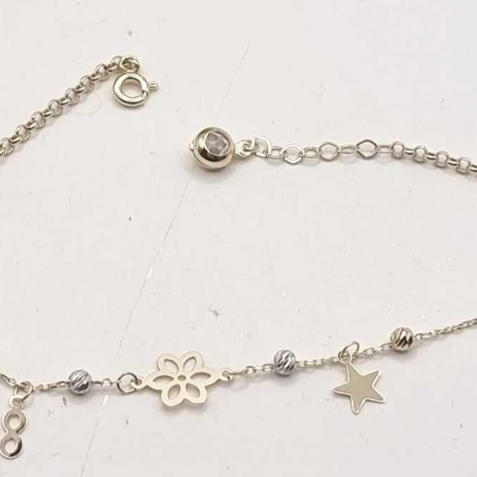 Kenzari Jewellery 14k Gold Chain Bracelet with Flower and Star Charms for Women -2.77 Grams