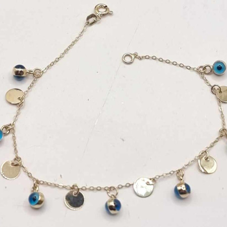 Kenzari Jewellery 14k Gold Chain Round and Blue Eye charms Bracelet for Women -3.11 Grams