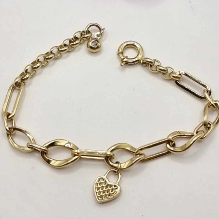 Kenzari Jewellery 14k Gold Link Bracelet with Heart Charm Bracelet for women -6.89 Grams