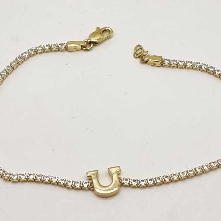 Kenzari Jewellery 14k Gold "U" Charm with Cubic White Zirconia Bracelet for Women -2.79 Grams