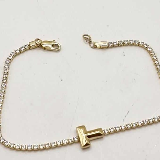 Kenzari Jewellery 14k Gold "T" Charm with White Cubic Zirconia Bracelet for Women - 2.67 Grams