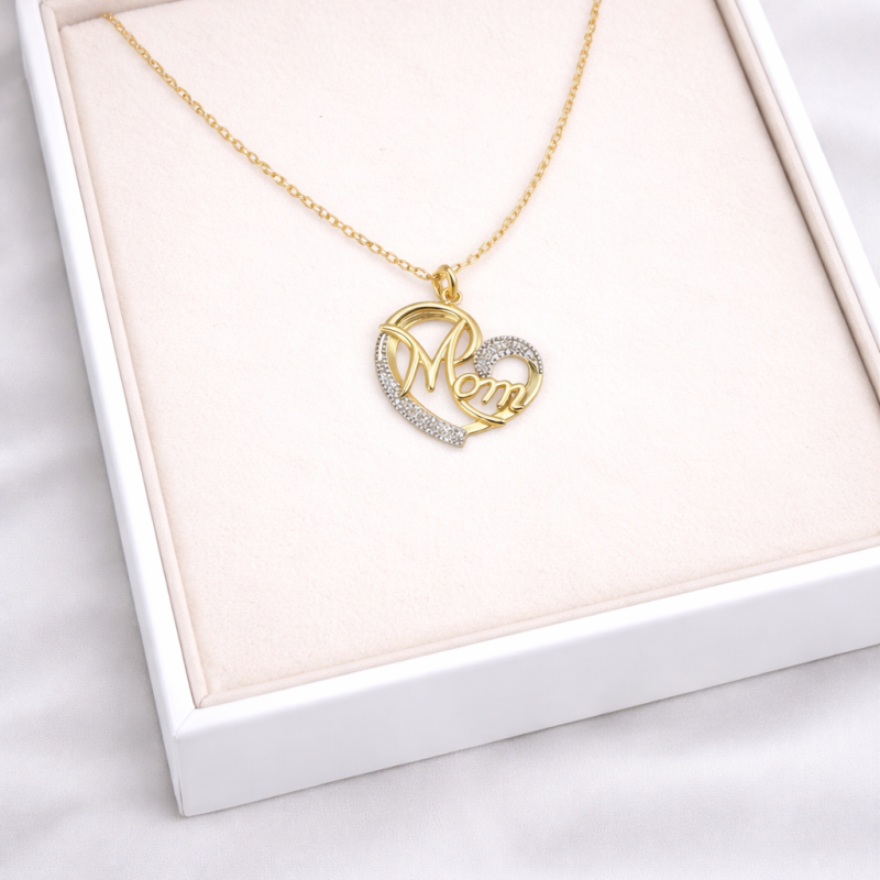 18K Gold "Mom" Heart Pendant Necklace - 3.02g