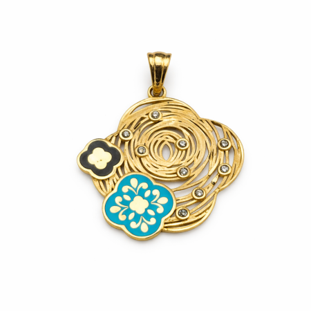 18K Gold Floral Pendant with Enamel and Diamonds