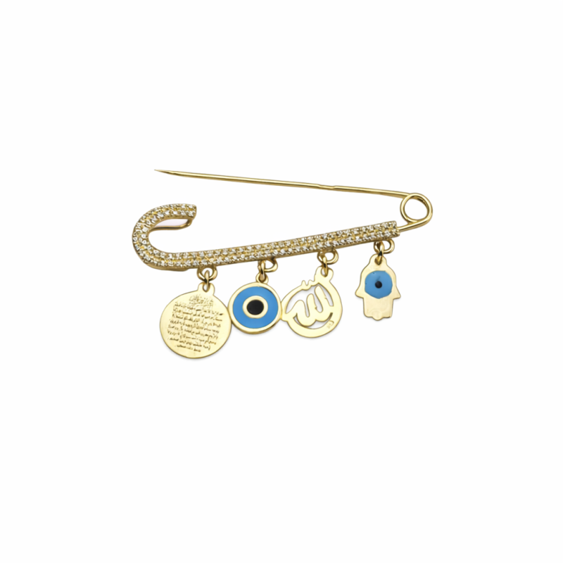 18K Gold Safety Pin Brooch with Charms