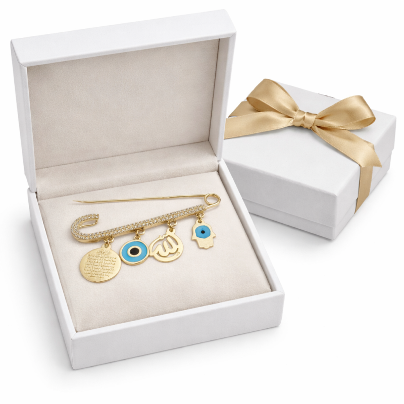 18K Gold Safety Pin Brooch with Charms