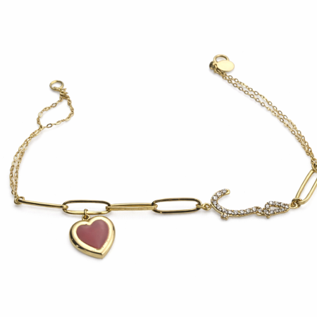 18K Gold Bracelet with Red Enamel Heart and Diamonds