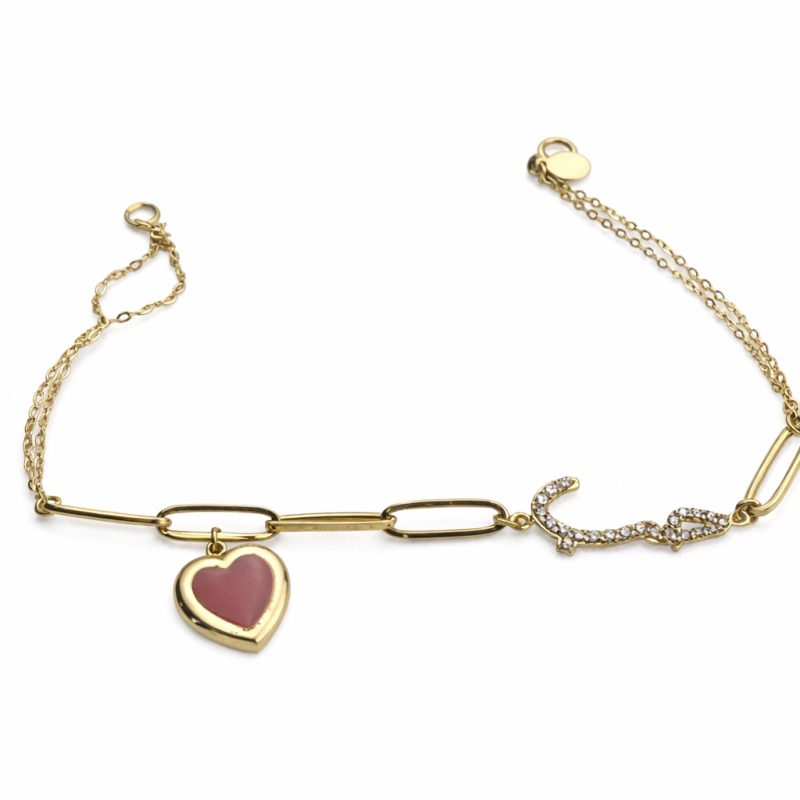 18K Gold Bracelet with Red Enamel Heart and Diamonds