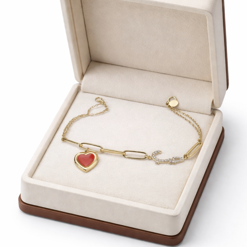 18K Gold Bracelet with Red Enamel Heart and Diamonds