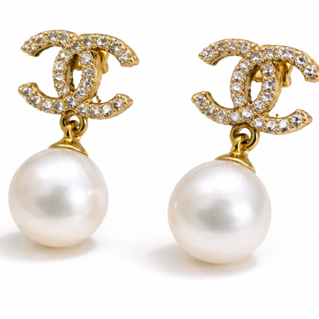14K Gold Pearl Drop Earrings with CZ Detail – 4.73g