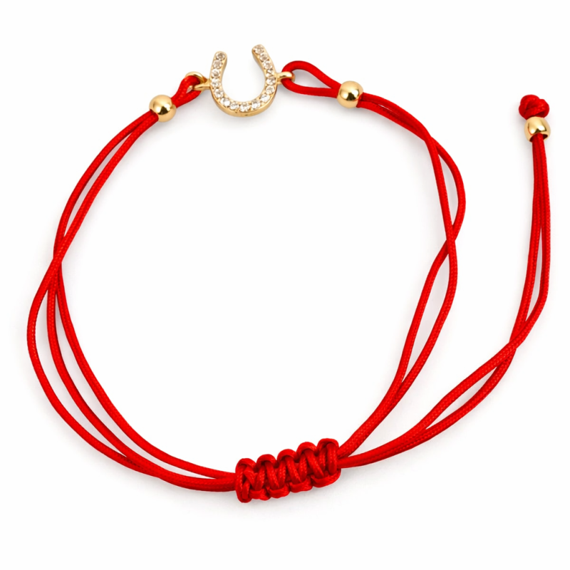 14K Red Adjustable Cord Bracelet with Gold Horseshoe Charm 14K Red Adjustable Cord Bracelet with Gold Horseshoe Charm