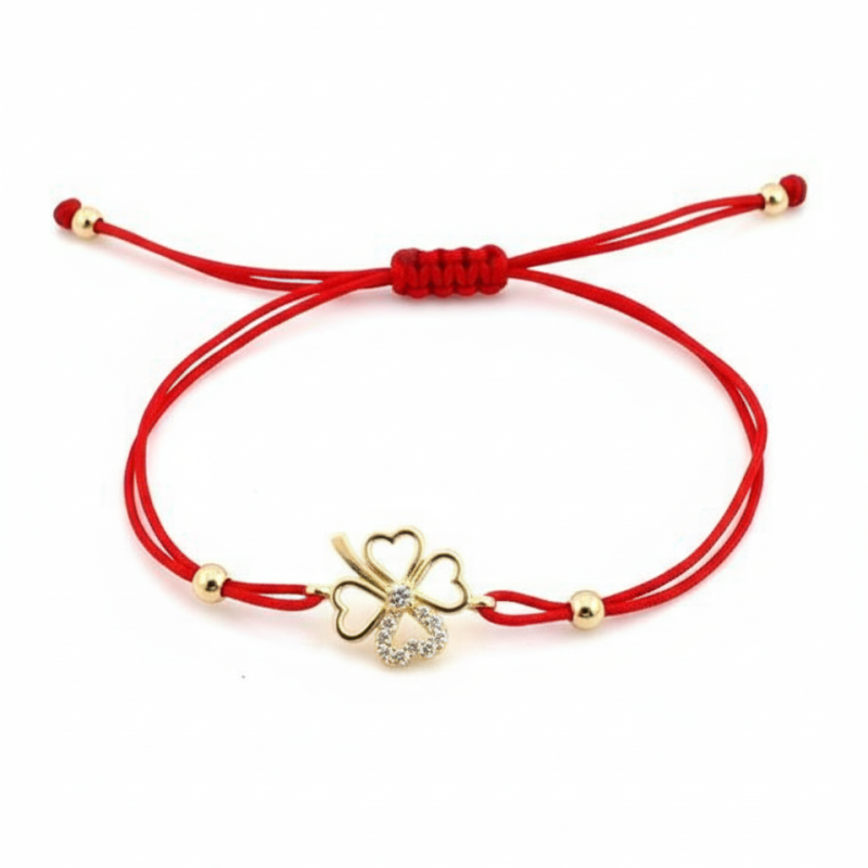 14K Red Cord Heart Clover Bracelet – Adjustable Gold Charm