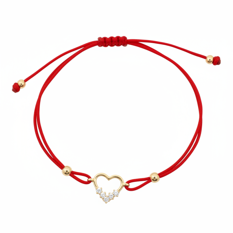 14K Red Adjustable Cord Bracelet with Open Heart Gold Charm