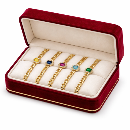 18K Gold Multi-Color Gemstone Cuban Chain Bracelet Set – Luxury Diamond Halo Bracelets 18K Gold Multi-Color Gemstone Cuban Chain Bracelet Set – Luxury Diamond Halo Bracelets