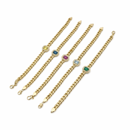 18K Gold Multi-Color Gemstone Cuban Chain Bracelet Set – Luxury Diamond Halo Bracelets