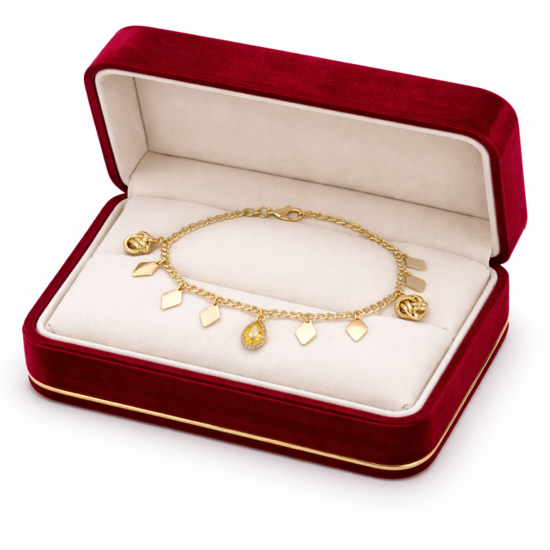 18K Gold Charm Bracelet with Yellow Teardrop Stone – Elegant Diamond Accent Bracelet