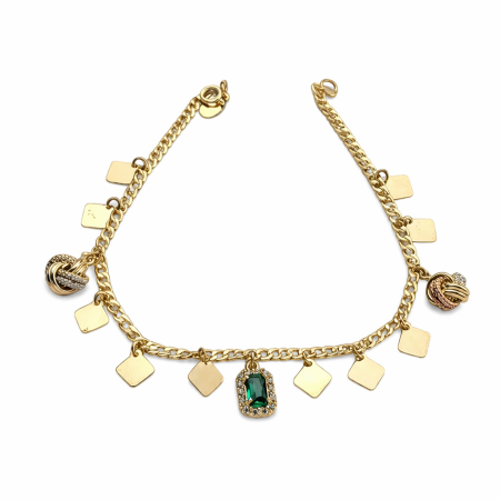 18K Gold Green Gemstone Charm Bracelet – Elegant Diamond Accent Chain Bracelet