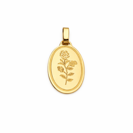 18K Gold Oval Rose Engraved Pendant – Elegant Floral Design Necklace Charm
