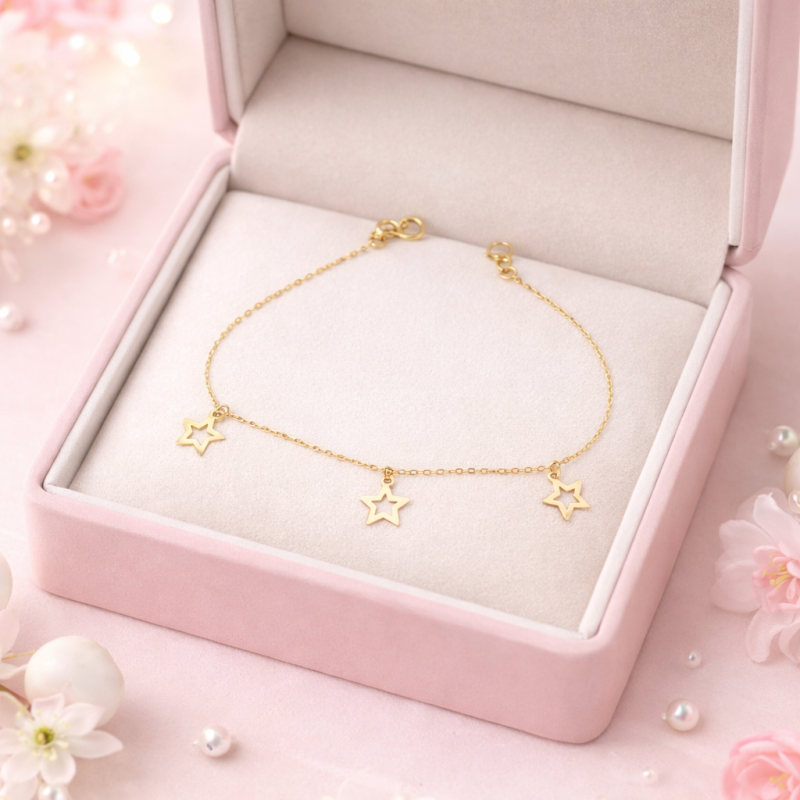 18K Gold Star Charm Bracelet 2.17 Gram – Dainty Elegant Gold Bracelet for Women