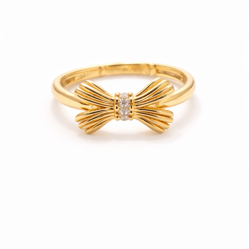 14K Gold Ribbon Bow Ring with Crystal Center (Size 17)