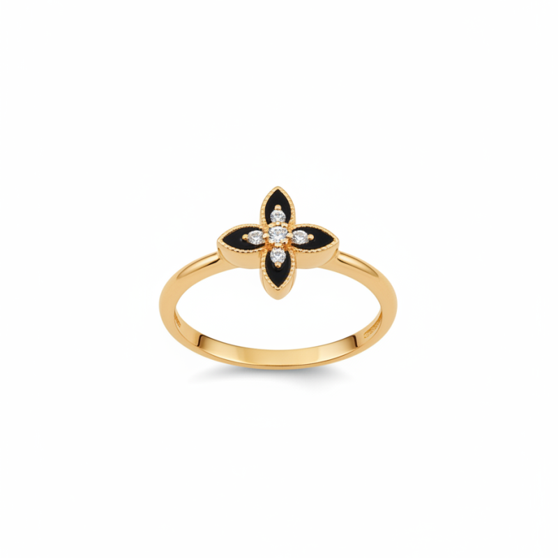 14K Gold Petite Floral Ring with Enamel Petals (Size 15)