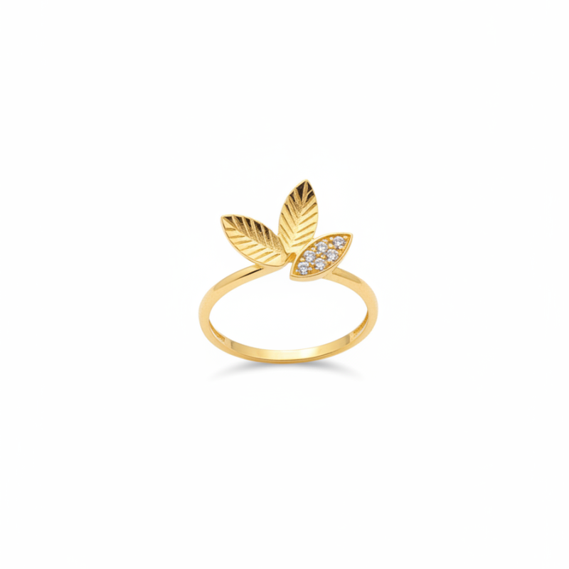 14K Gold Double Leaf Ring with Pavé Detail (Size 16)