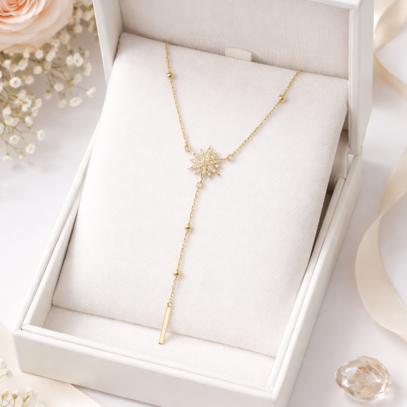 18K Gold Starburst Drop Necklace – Elegant Y Chain Pendant (5.76g)