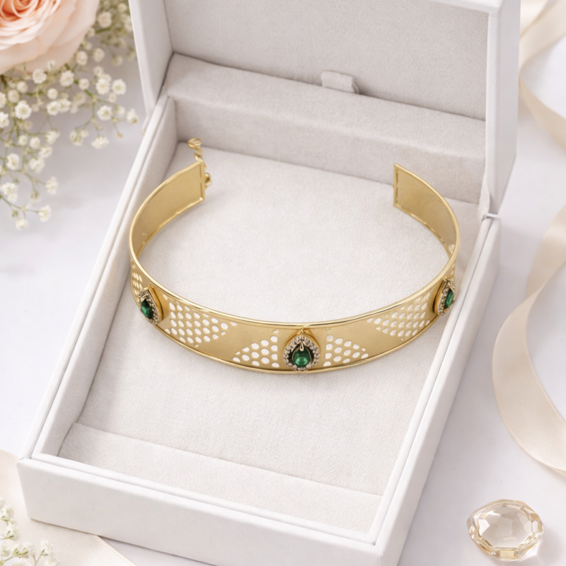 Luxury 18K Gold Emerald Cuff Bracelet – Designer Open Bangle (10.01g)