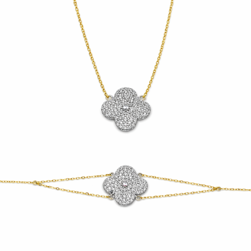 18K Gold Clover Diamond Pendant Necklace & Bracelet Set (4.01g)