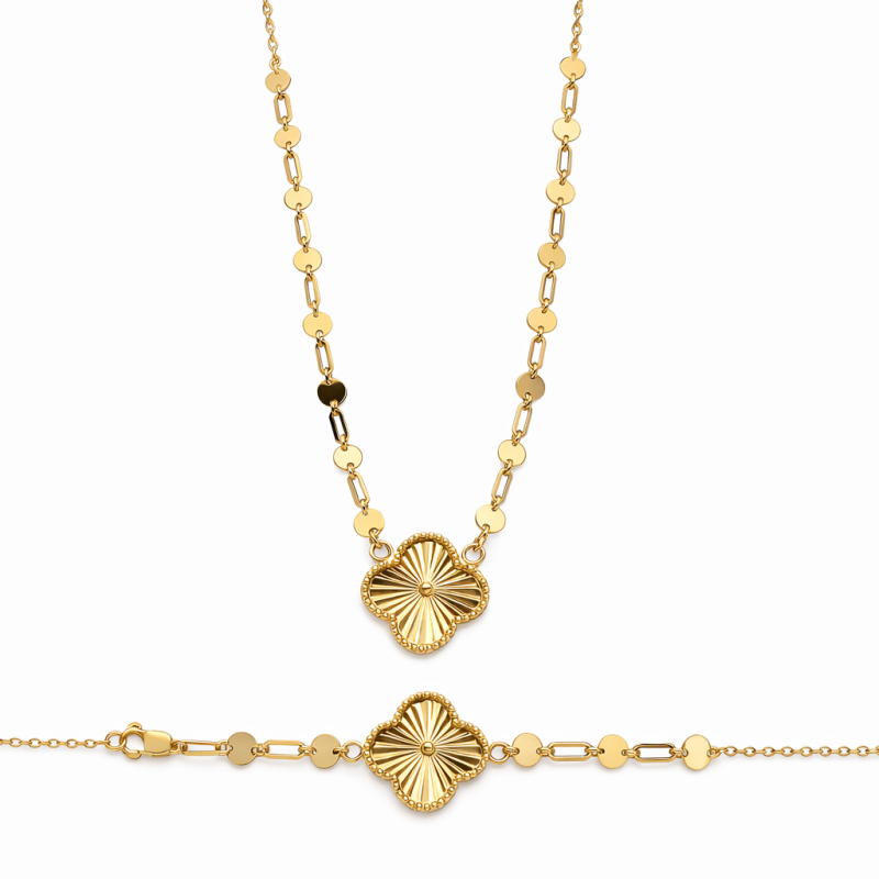 18K Gold Clover Pendant Necklace & Bracelet Jewelry Set (4.20g)